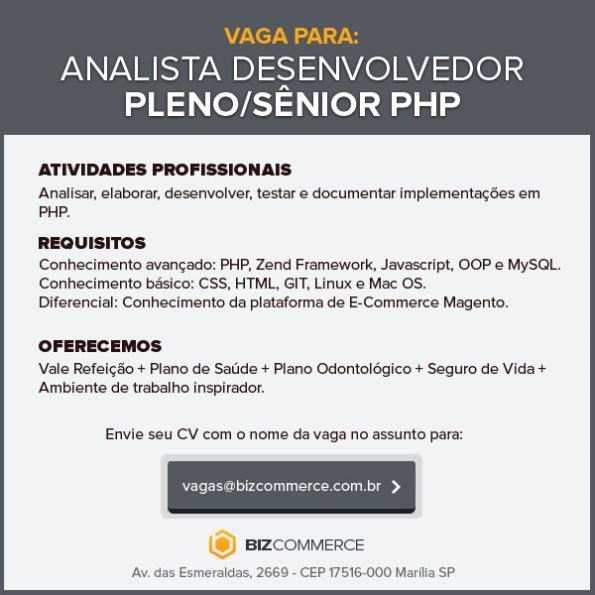 Vaga para Analista/Desenvolvedor Pleno/Sênior PHP