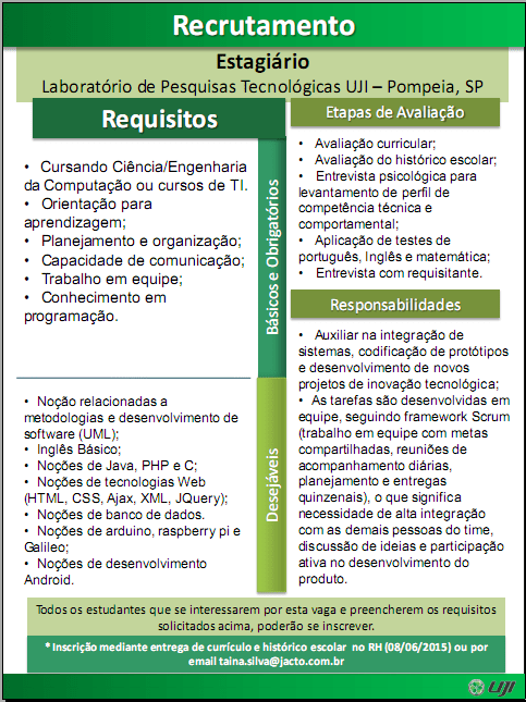 Estágio no Laboratório de Pesquisas Tecnológicas UJI/Jacto