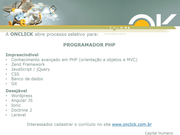 Onclick abre processo seletivo para Programador PHP